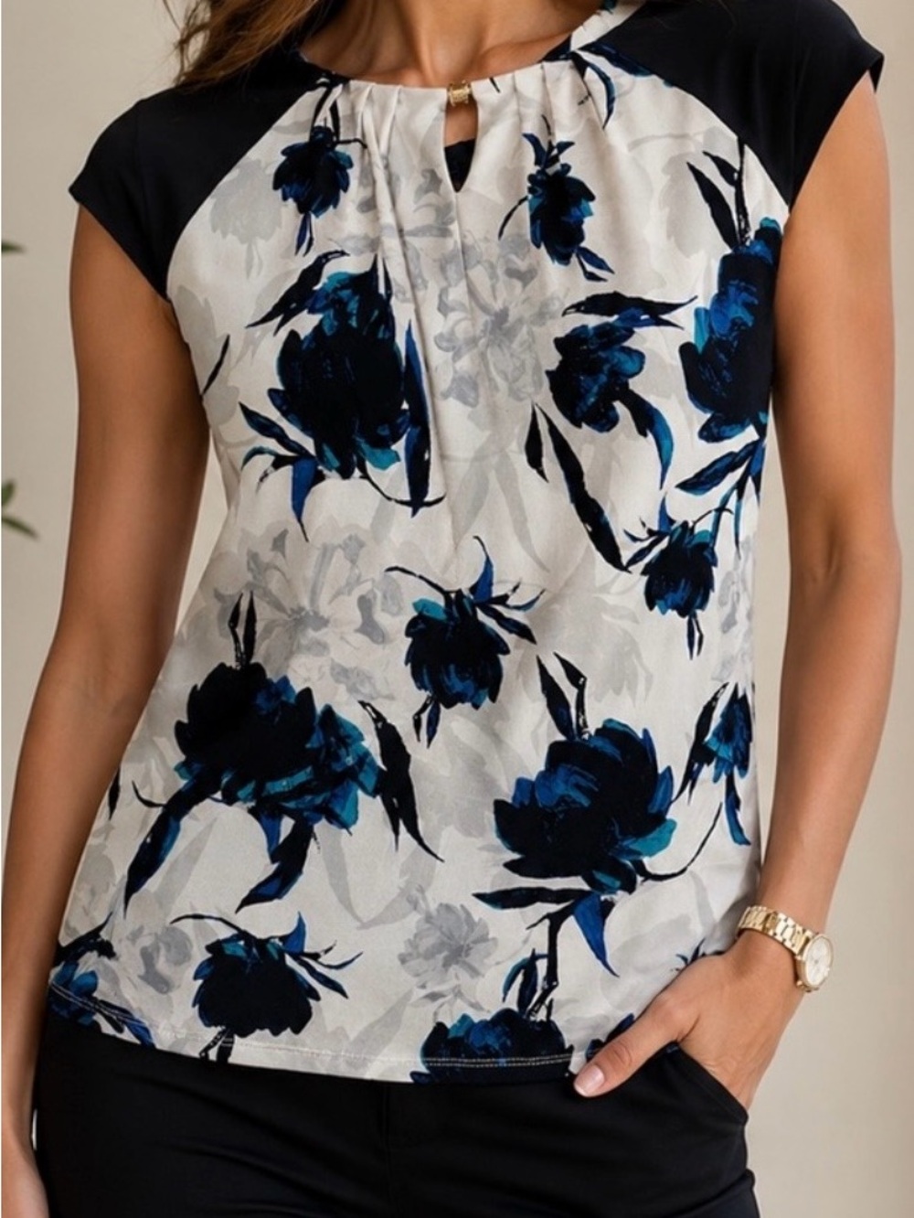 Ivanka Trump White Floral Top with Black & Blue Accents